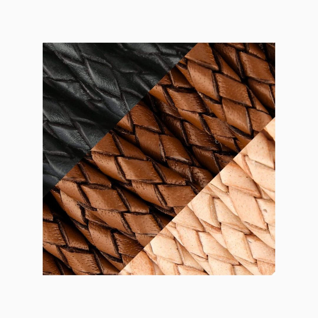 From left to right: Black Braided Leather, Saddle Braided Leather, and Natural Braided Leather.