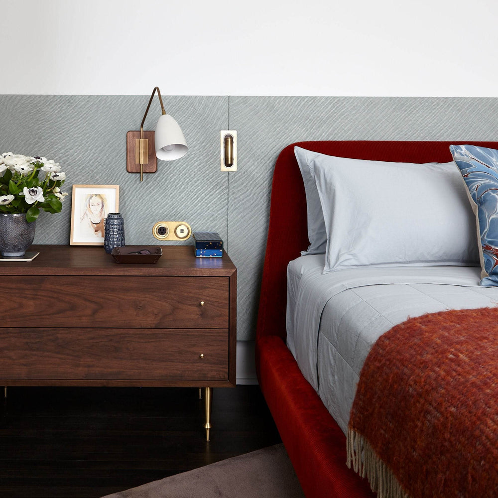 Elska Wall Mount Reading Lamp (Perfect White, Natural Brass, Natural Walnut) — Interior by Frampton Co, Photo by Joshua McHugh