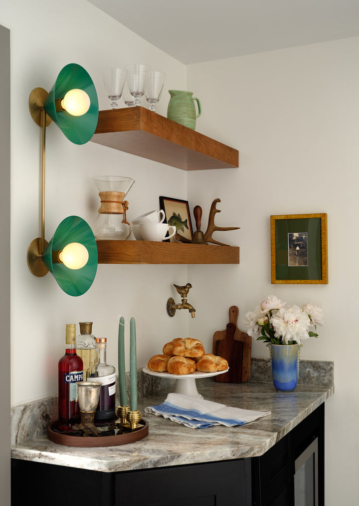 Bi-Focal Sconce (Brushed Brass, Paris Green) — Interior and Photo by Sean Litchfield